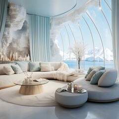A modern, Arctic-inspired living room in soft white and pale blue tones, featuring curved architecture, a panoramic window overlooking the snow-capped mountains, and minimalist decor.