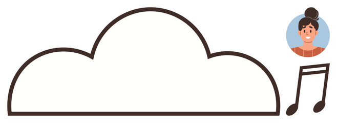 Large cloud shape, female avatar in a circle, and two music notes. Ideal for cloud storage, audio streaming, user profiles, data management, music apps, digital content and simplified digital access