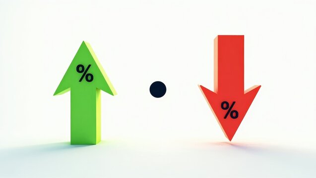 Surreal cinematic photography of vibrant arrows with percentage symbols on a pristine white background showcasing bold visuals of increase and decrease dynamics