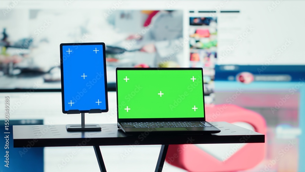 Poster chroma key notebook and tablet and multimedia display merging gaming, cooking, and tech clips. isola