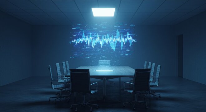 Digital soundwave visualization in modern conference room setting  