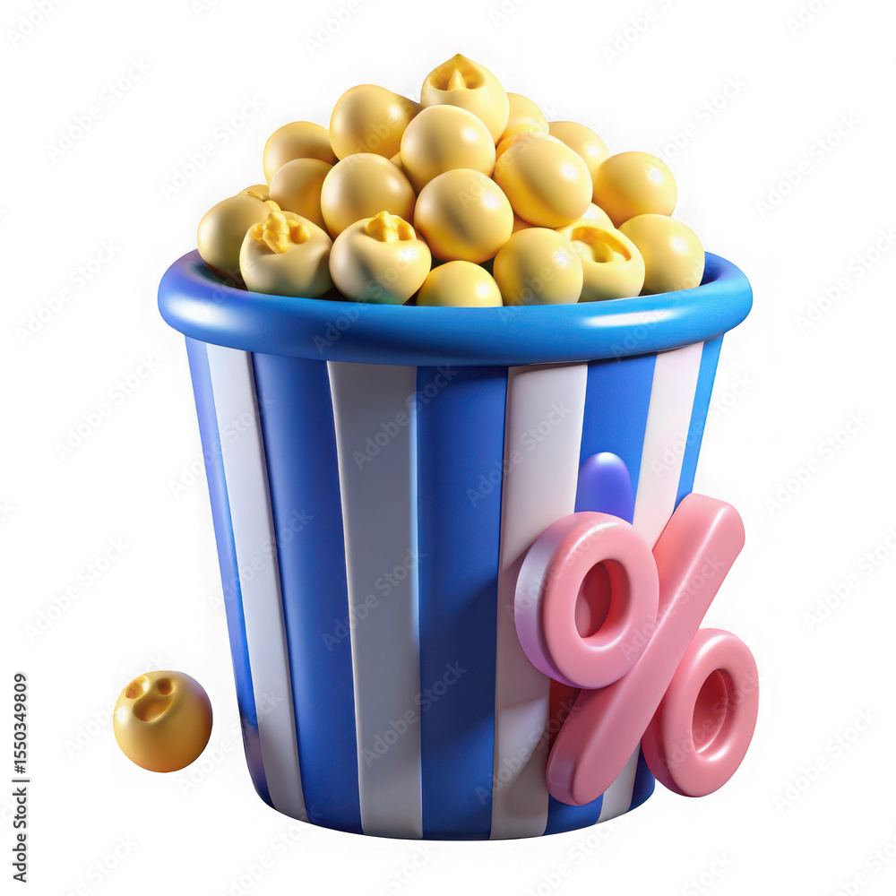 Poster 3d popcorn bucket with percentage symbol and isolated popcorn piece isolated on transparent backgrou