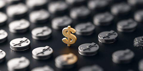 Golden currency symbol amidst gray currencies. Emphasizing financial leadership & prominence. Sparking interest in investment & financial growth.