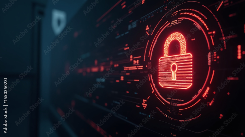 Poster high-tech glowing lock interface in dark background, digital security access panel, sci-fi design