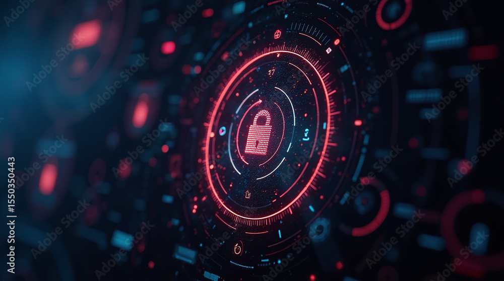 Poster high-tech glowing lock interface in dark background, digital security access panel, sci-fi design