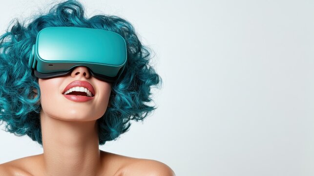 A modern woman with vibrant curly hair joyfully experiences virtual reality through a sleek headset, representing the fusion of technology and human expression.