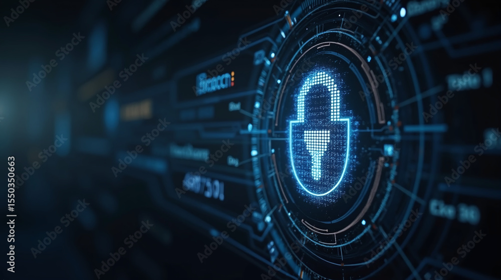Poster high-tech glowing lock interface in dark background, digital security access panel, sci-fi design