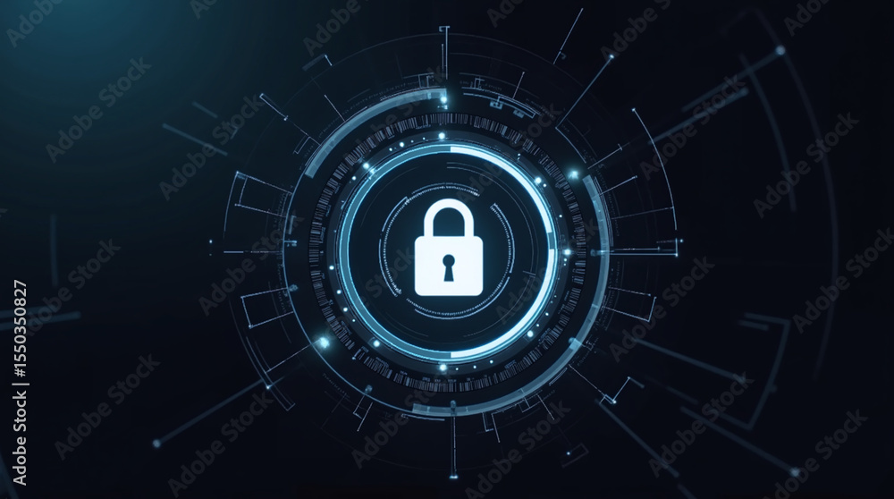 Poster high-tech glowing lock interface in dark background, digital security access panel, sci-fi design