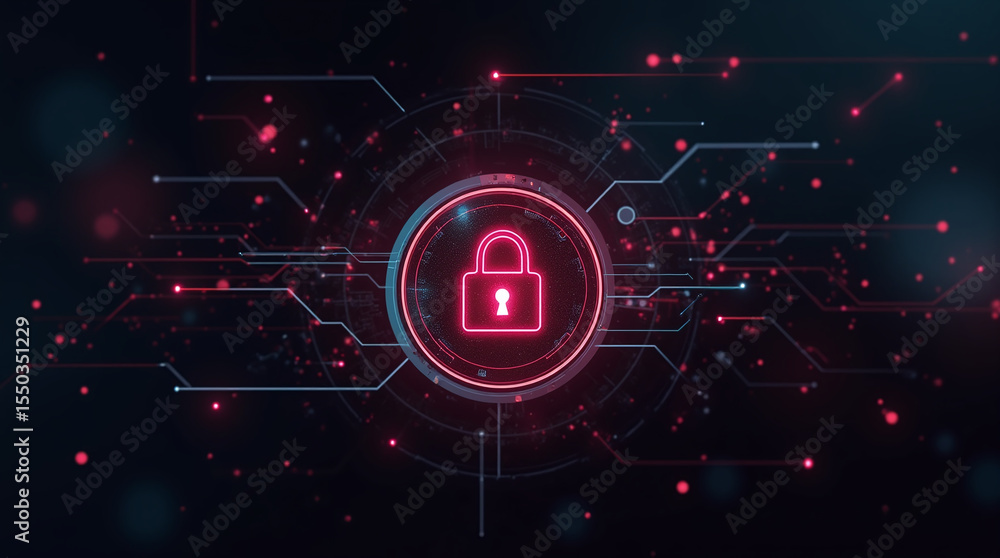 Poster high-tech glowing lock interface in dark background, digital security access panel, sci-fi design