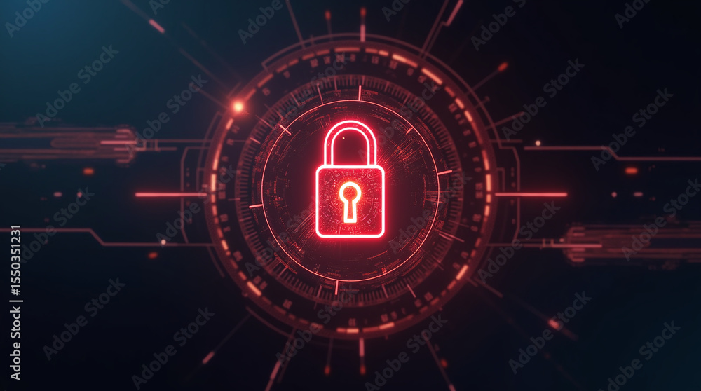 Poster high-tech glowing lock interface in dark background, digital security access panel, sci-fi design