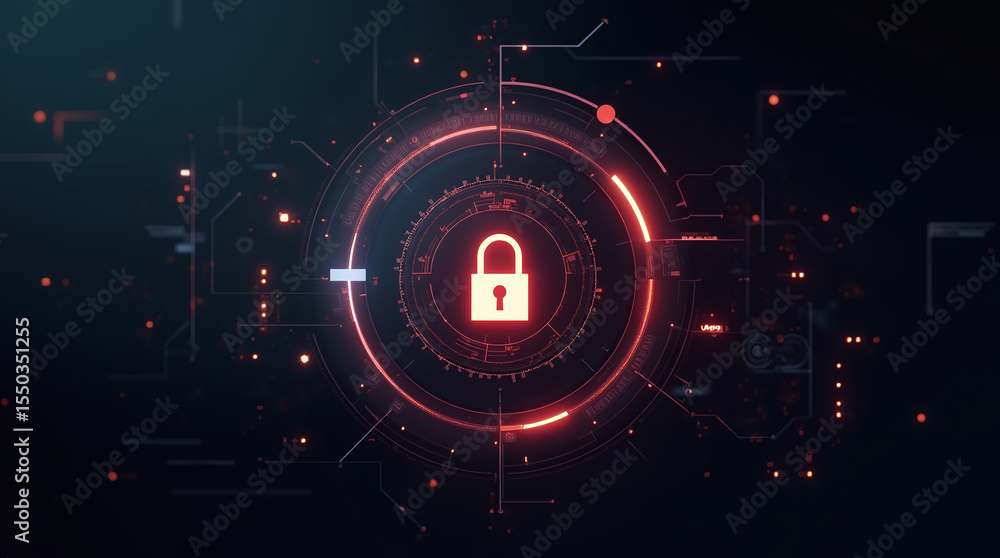 Poster high-tech glowing lock interface in dark background, digital security access panel, sci-fi design