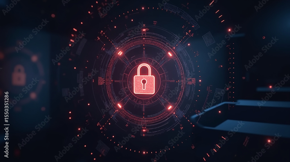 Poster high-tech glowing lock interface in dark background, digital security access panel, sci-fi design