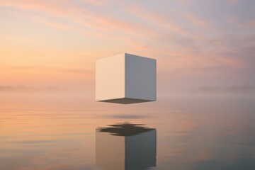 Floating white cube over serene water surface during colorful sunrise or sunset sky backdrop