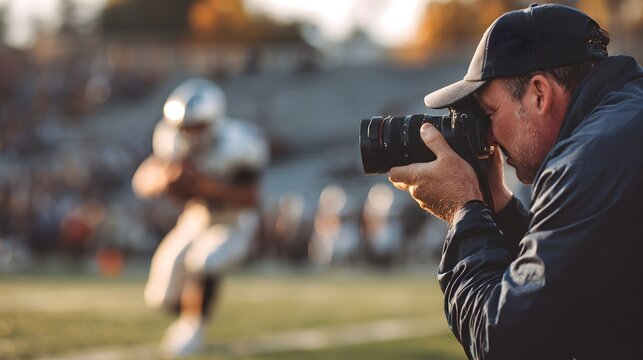 Photographer in action capturing a dynamic moment on the field. Focus on detail, freezing the intensity of sport photography.