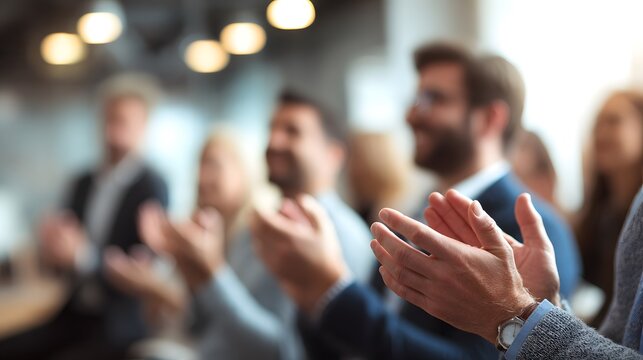 Audience applauding at a conference or event, hands raised, indicating agreement, excitement, or satisfaction within a business environment.