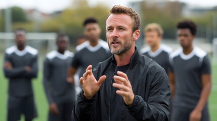 A coach gestures while addressing his diverse soccer team on a green field, discussing strategy before the game on a cloudy day.