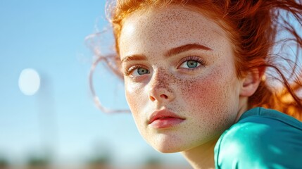 Naklejka premium Capturing a close-up of a freckled girl with striking red hair, she embodies youth and natural beauty, perfectly illuminated by sunlight in a cheerful outdoor setting.