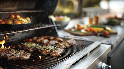 Experience the thrill of outdoor grilling with expertly cooked meat and vibrant vegetables, showcasing the warmth and joy of summer cooking with friends and family.