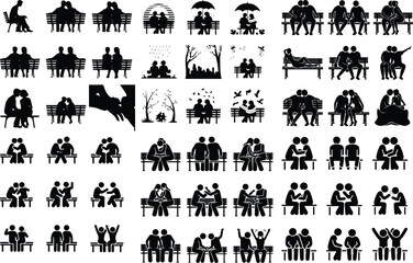 Couple Bench Pose Silhouettes – Dating, Relaxing, and Love Icons Romantic Couple Sitting on Bench Silhouette Icon Set – Love Vector Design
