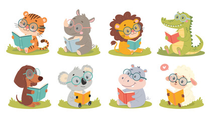 Vector illustration of a set of cute cartoon animals reading books on the grass. Funny animals with glasses reading books. 