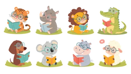 Keuken achterwand Dierentuin Vector illustration of a set of cute cartoon animals reading books on the grass. Funny animals with glasses reading books.   © Jevgeniya Mukhitova
