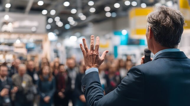 Speaker addresses audience with raised hand. Event backdrop is bright. Business leader engages crowd with gestures and speech. Communication matters