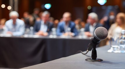 Close-up of a microphone at a business conference, with blurred figures in the background, suggesting a professional or corporate setting.