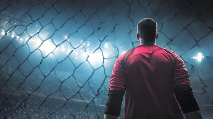 Intense sports moment: Goalkeeper views the soccer field through a net in anticipation of the next play, bathed in stadium lights.