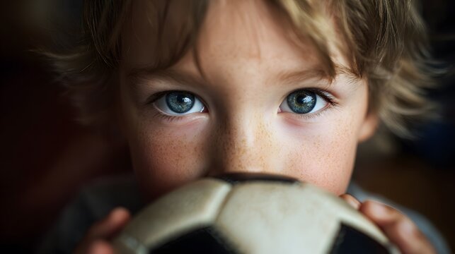 A close-up captures the intense gaze of a young boy with freckles, cradling a soccer ball, evoking themes of childhood innocence and play.