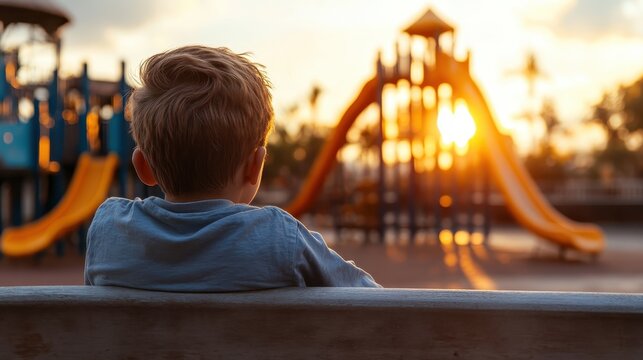 A young boy contemplatively watches a sunset from a bench in an empty playground, evoking feelings of nostalgia and wonder during a tranquil moment.
