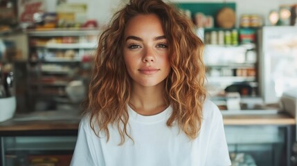 This engaging image features a young woman with vibrant, curly hair, smiling warmly at a bright café setting, projecting confidence and youthful energy.