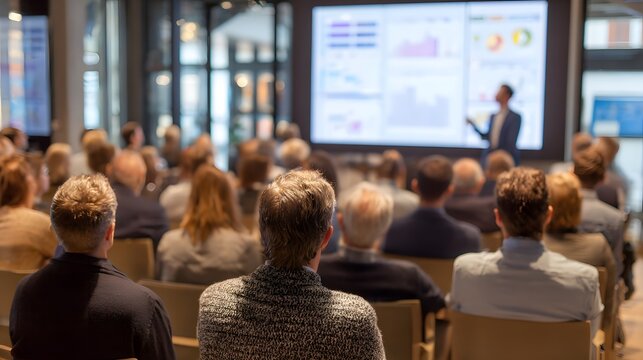 Engaged audience listening to a presentation, absorbing information from the speaker and the display screen at a professional conference or seminar.