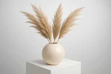 Elegant pampas grass arrangement in minimalist beige ceramic vase on white pedestal in soft lighting