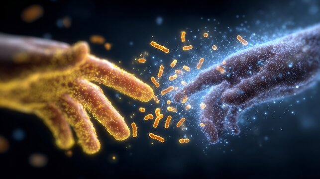 Germ transfer by touch concept showing microscopic bacteria moving from hand to surface cross contamination visualization - Powered by Adobe