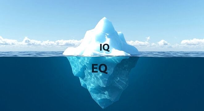 Iceberg floating in the ocean with iq above water and eq below the surface of the water body view