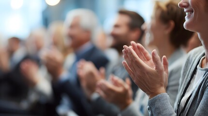 Enthusiastic audience applauding at a conference, seminar, or presentation. Focus on clapping hands in a blurred auditorium setting.
