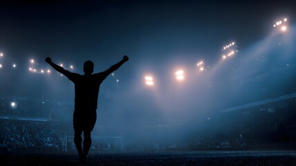 Silhouette of triumphant figure in stadium with arms raised, symbolizing achievement, victory, and team spirit, amidst supportive crowd.