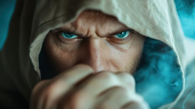 A close-up portrait of a determined man with sharp features and intense blue eyes, wearing a hooded sweatshirt, conveying a sense of focus and seriousness in a dramatic setting. - Powered by Adobe