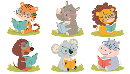 Vector illustration of a set of cute cartoon animals reading books on the grass. 