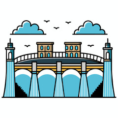 Fototapeta premium Creative River Barrage Vector Illustration | Detailed Water Control Structure for Hydropower, Irrigation, and Infrastructure Design