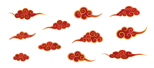 Chinese cloud set, auspicious clouds vector collection. Traditional red and gold swirling clouds decorative elements.