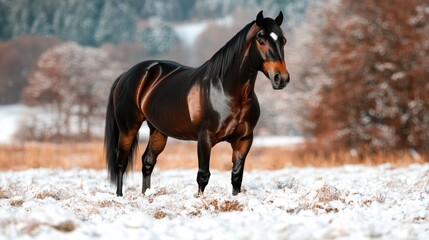 A magnificent horse poses regally in a snowy landscape, showcasing the beauty of nature and the strength and grace of this incredible animal against a serene backdrop.
