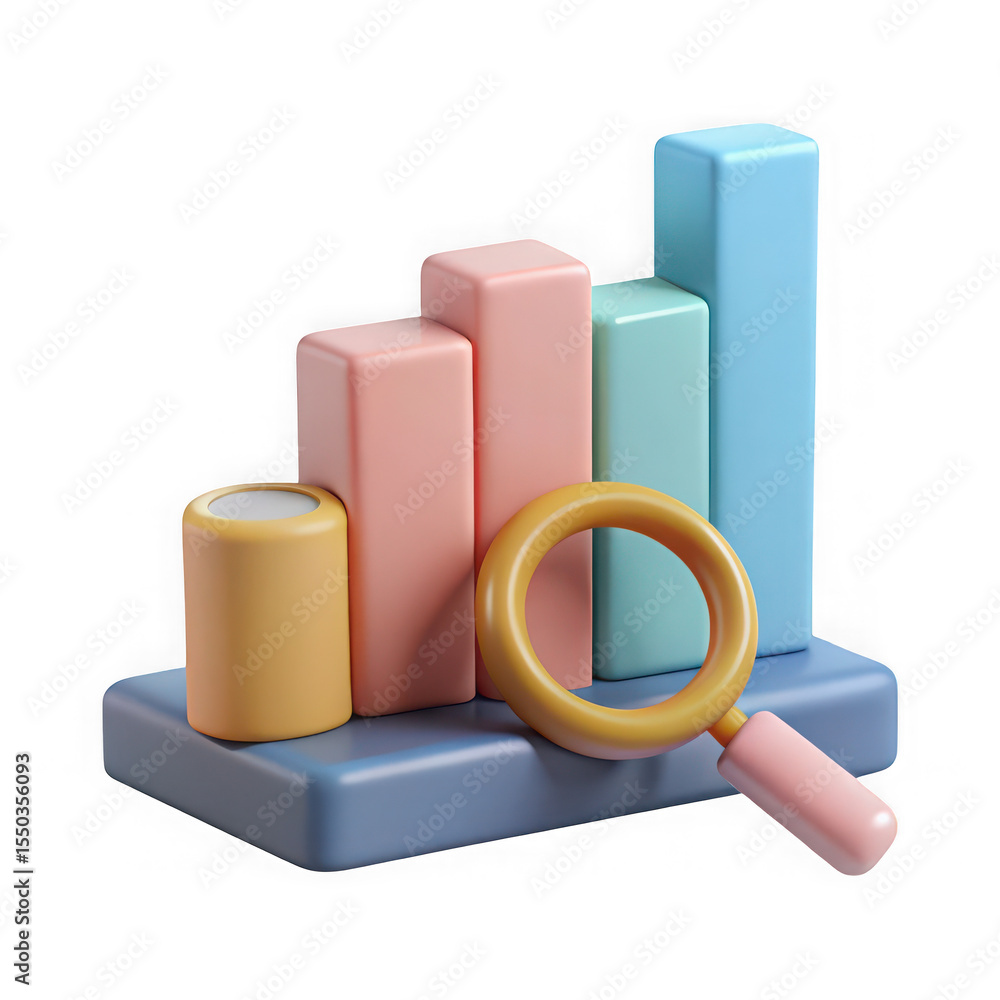 Poster 3d bar chart with magnifying glass for data analysis isolated on transparent background
