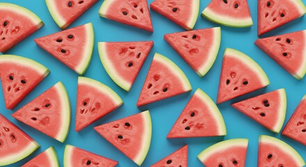 Colorful fruit pattern of fresh watermelon slices on blue background. From top view