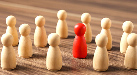 Wooden figures on a wooden surface with one red figure standing out among the other wooden figures