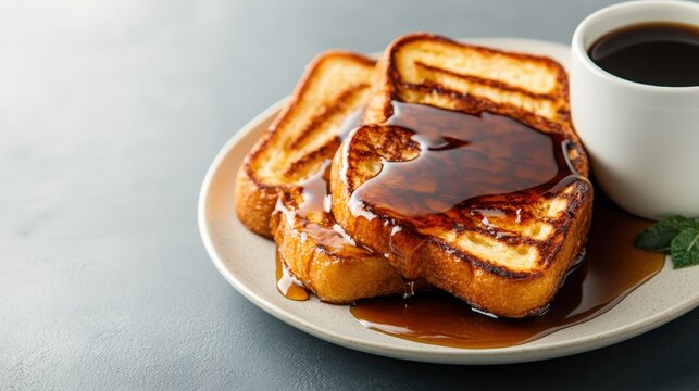 A mouth-watering plate of French toast topped with rich syrup and served with a coffee cup, inviting a delightful breakfast experience filled with warmth and indulgence.