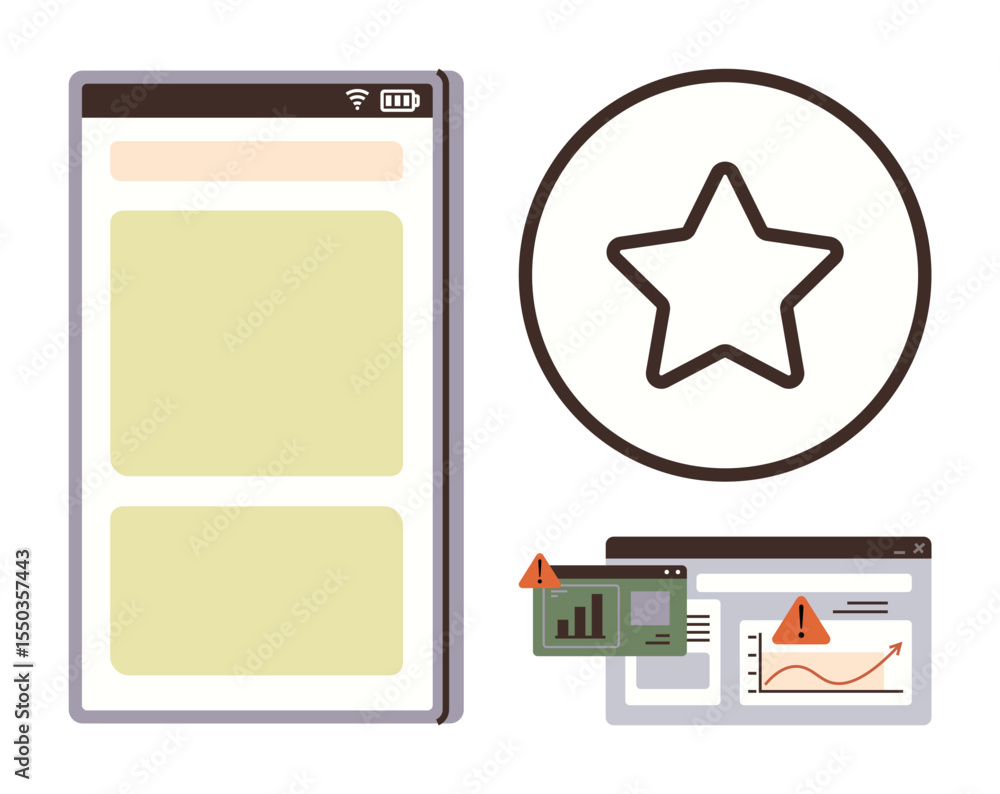 Poster mobile app interface alongside a large star within a circle and desktop analytics dashboard with war