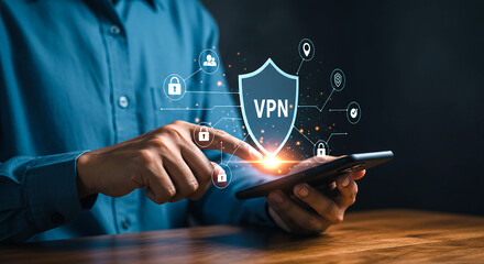 Person using smartphone with vpn shield and security icons overlaying the screen for secure connection