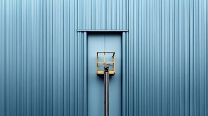 A striking minimalist image showcasing a blue corrugated wall with a lift platform, emphasizing simplicity, industrial design, and clean lines in a contemporary setting.