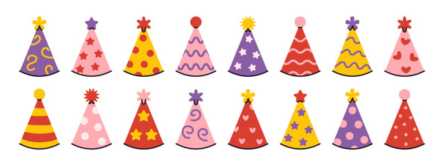 Vector colorful happy birthday party hats collection. Cute party caps set in flat design. Festive sticker elements. Funny set of birthday party cones.